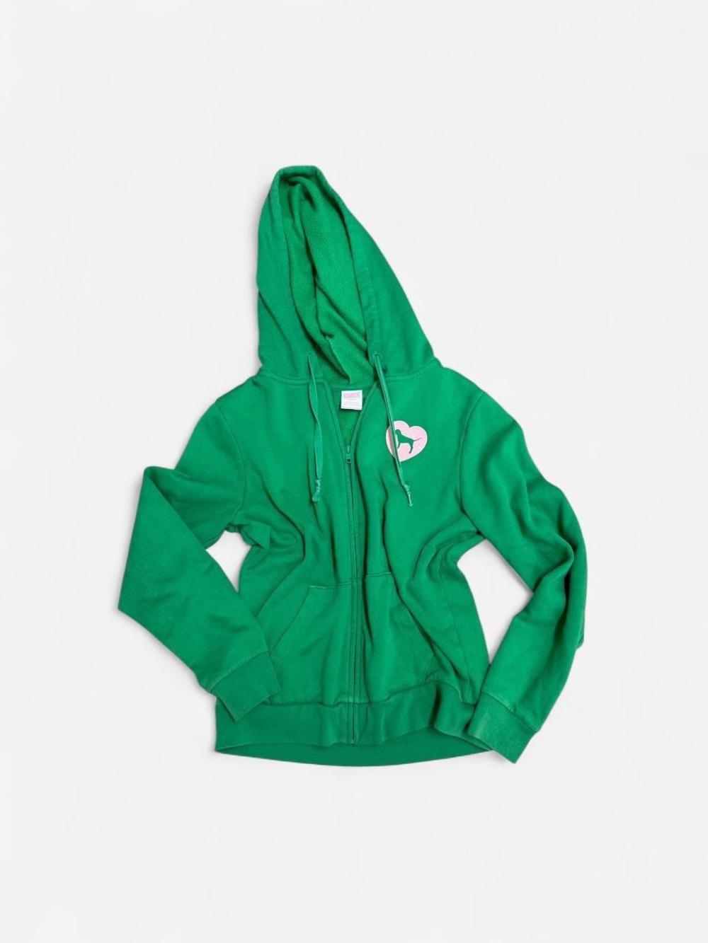 PINK Victoria's Secret Green Zip-Up Hoodie with Pink Heart Patch